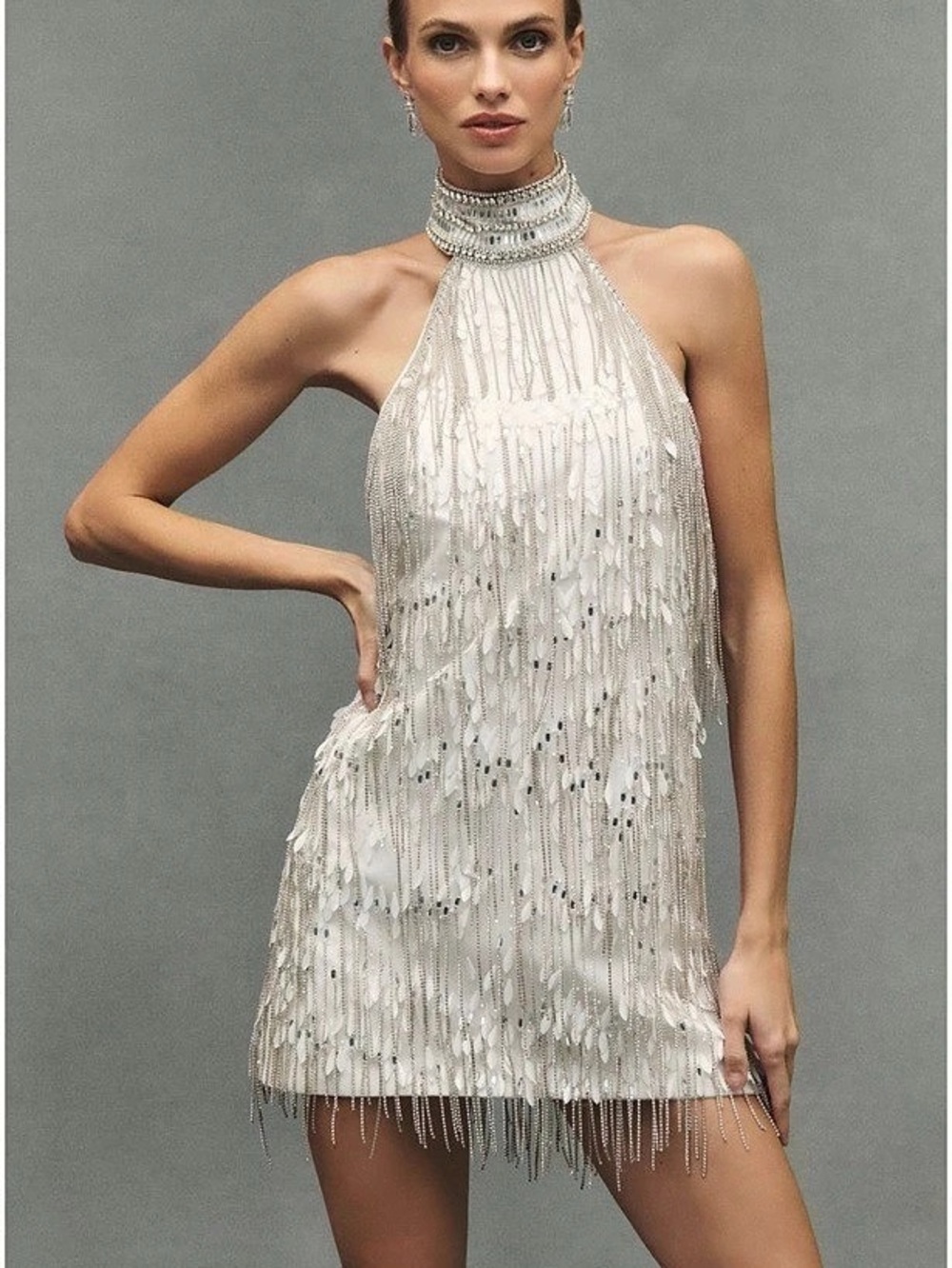 Retrofete Tori Embellished Dress White Fringe Mini Dress
